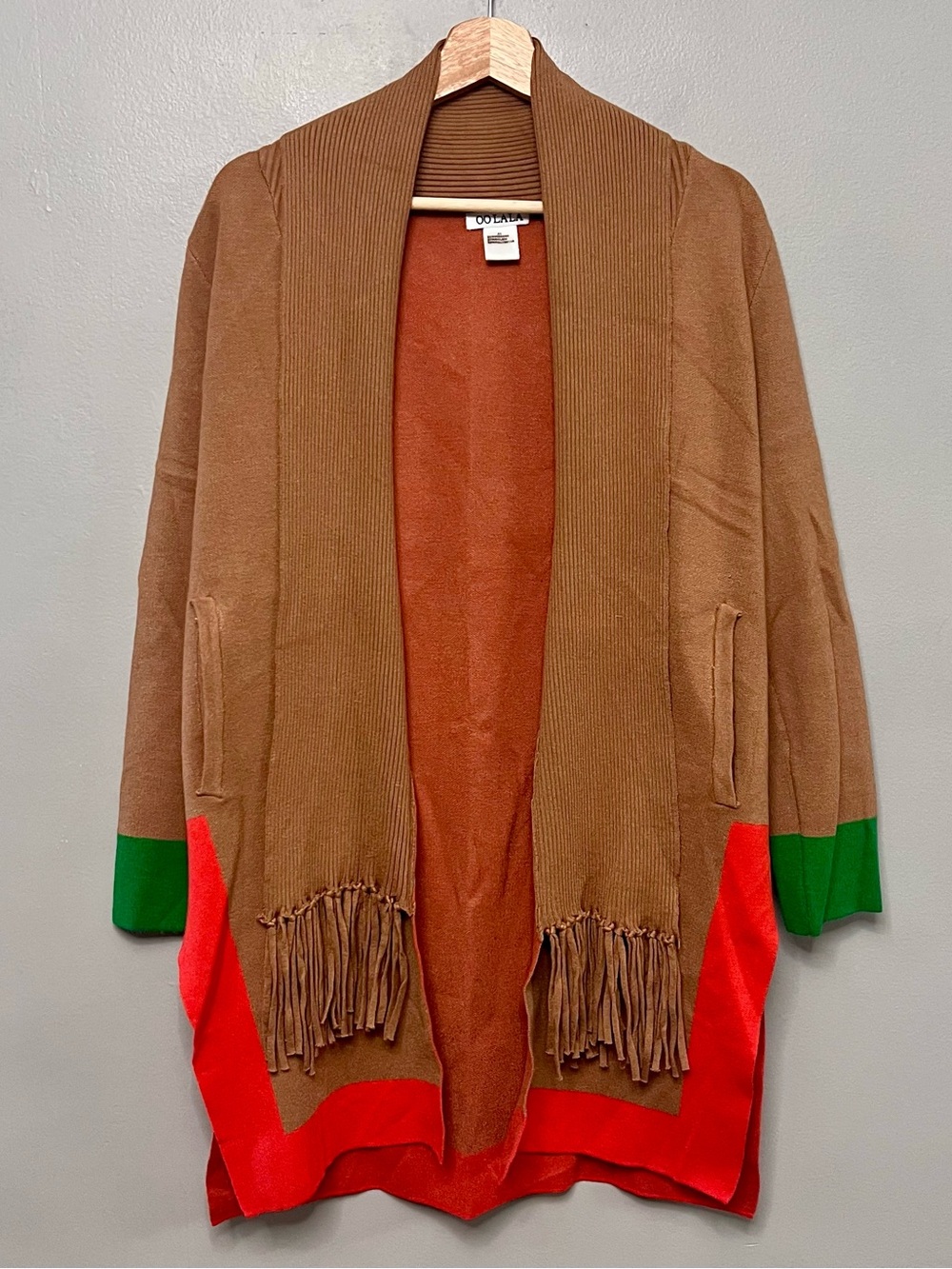 OO LALA Colorblock Fringe Long Cardigan Sweater Tan Red Green XS Boho